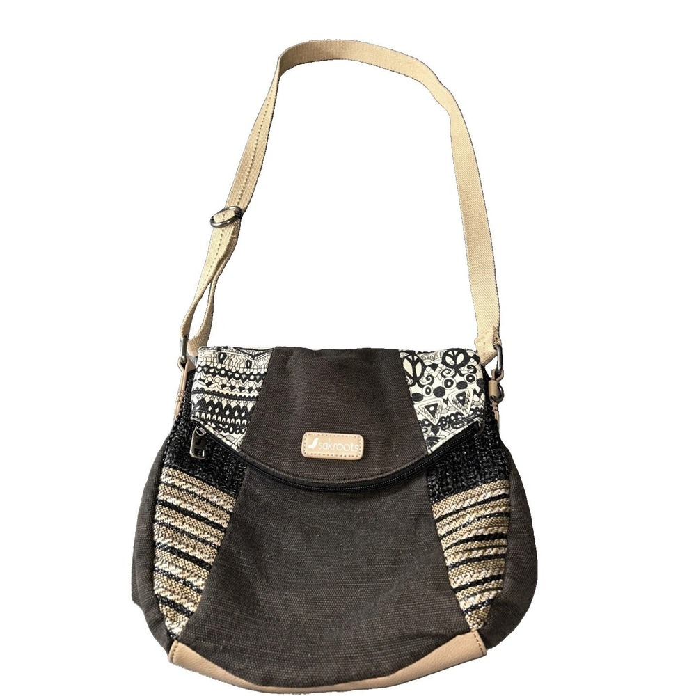 Sakroots Artist Circle Brown Foldover Peace Sign Crossbody Bag Purse Canvas Boho